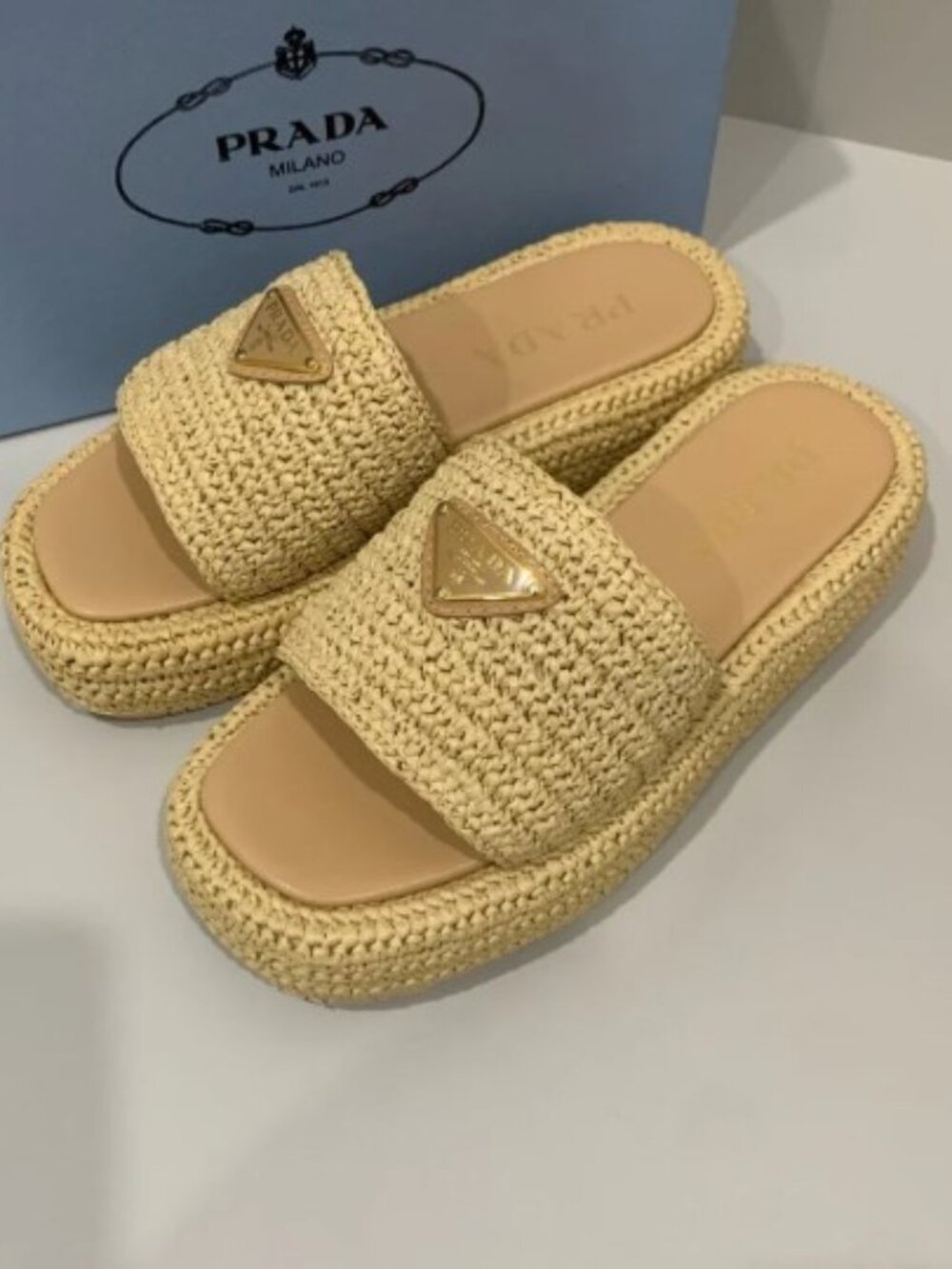 Prada Beige Woven Raffia Slide Sandals Size 37